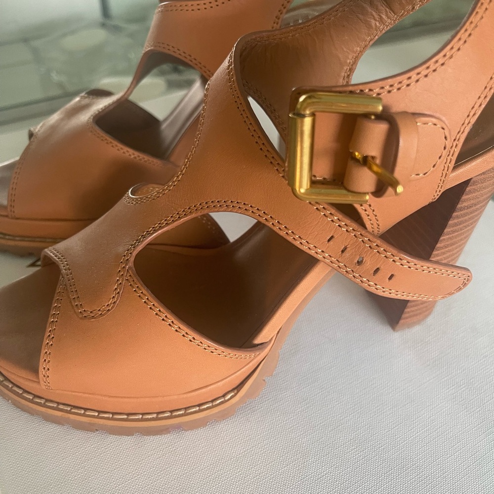 See By Chloe Tan Leather Sandals with Gold Buckle